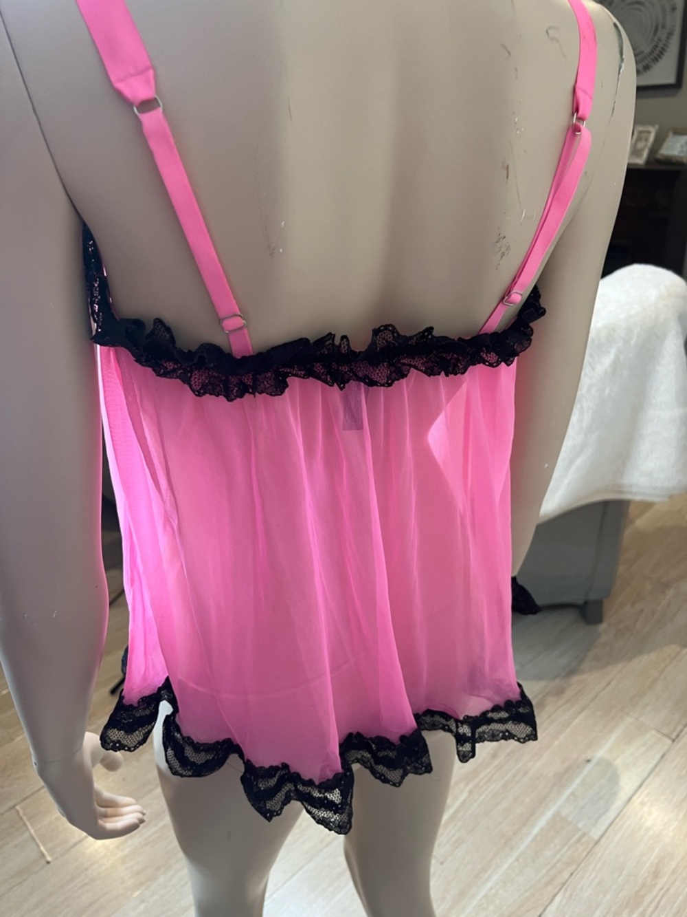 Victoria’s Secret Pink Babydoll Chemise with Black Lace Trim - Picture 2 of 11